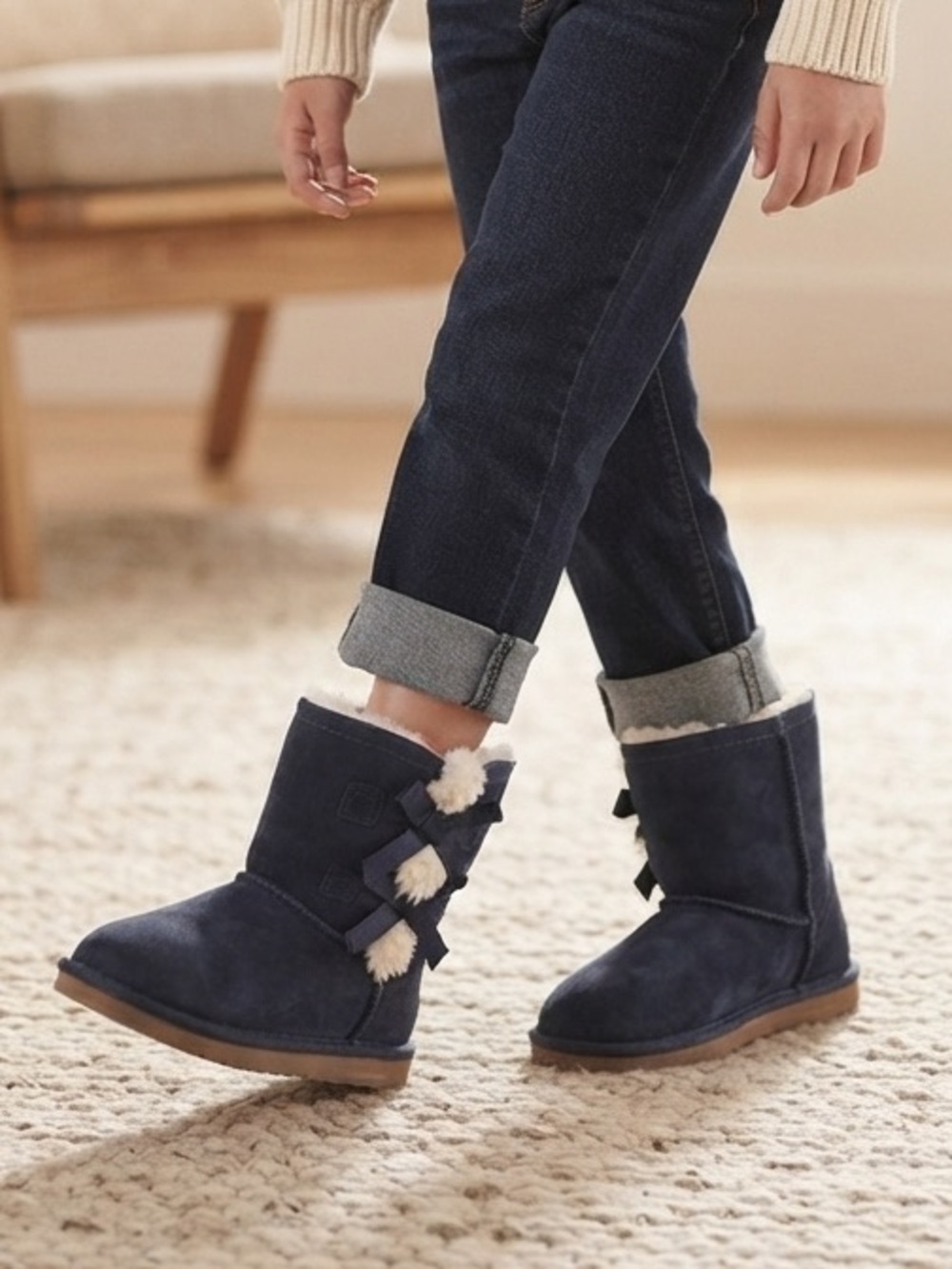 Koolaburra Kids Navy Suede Shearling Bow Boots